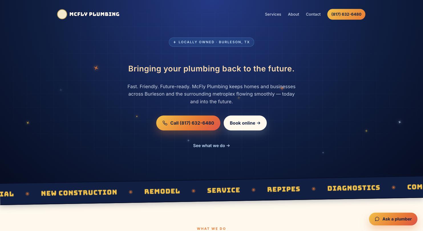 mcflyplumbingtx.com — booking site for a one-man plumbing shop