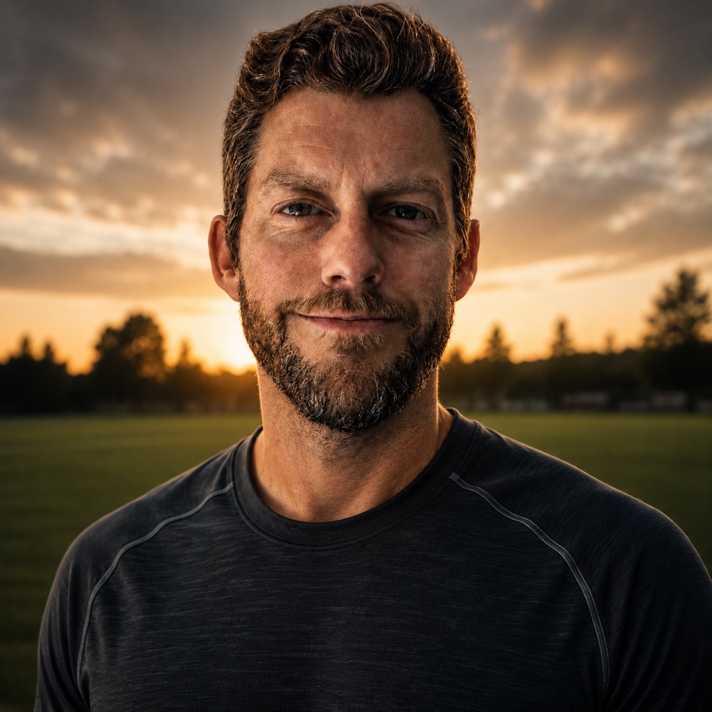 Tom Hall at a soccer field at sunset